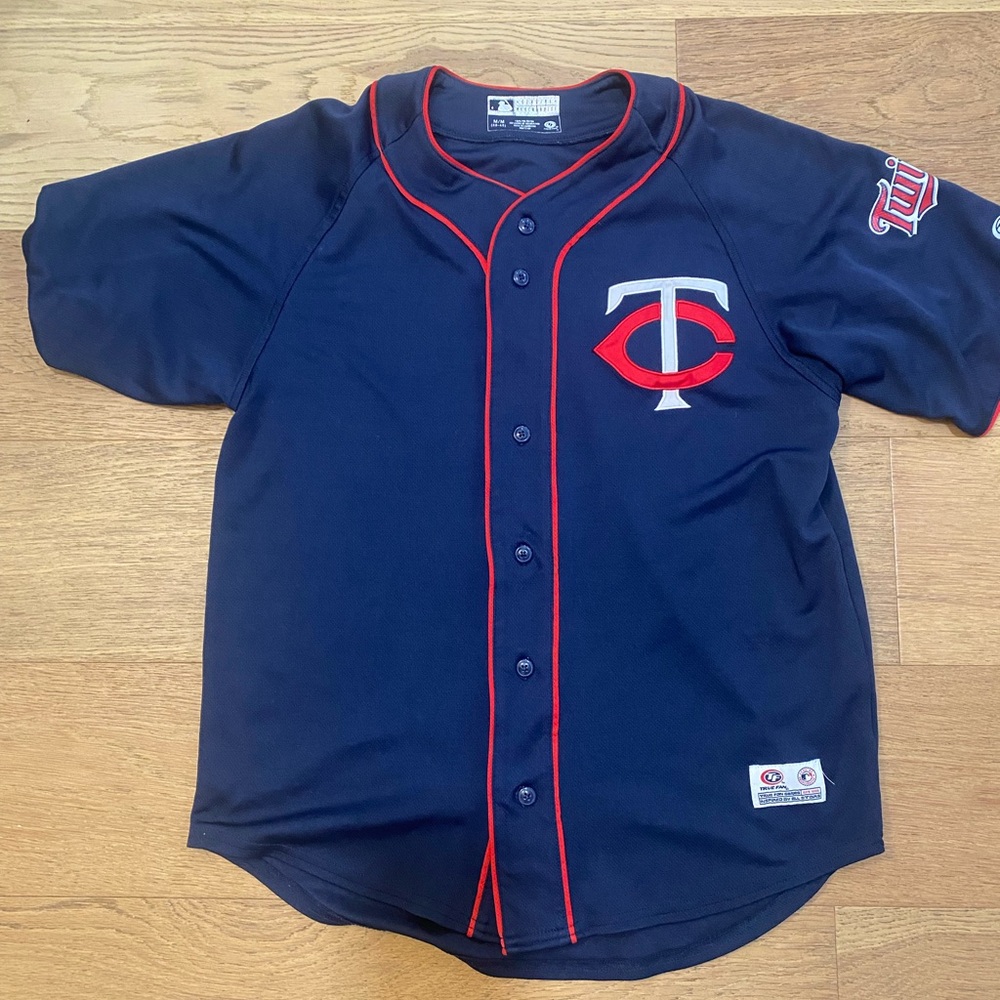 True Fan Navy and Red Men’s Minnesota Twins MLB Baseball Jersey M GUC